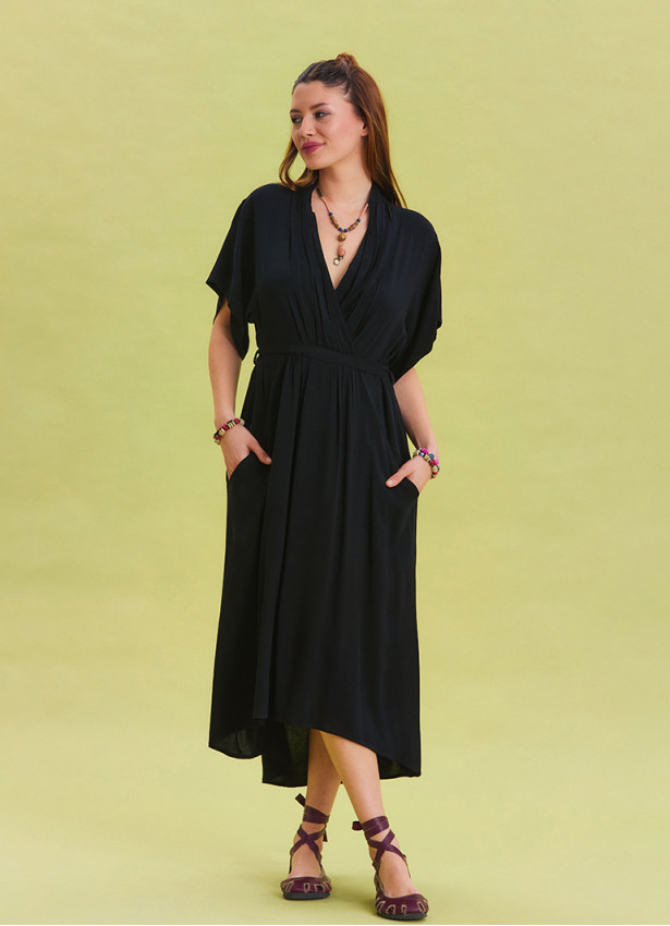 V Neck Gathered Detailed Black Casual Dress 4532